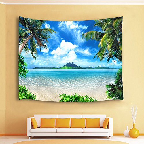 LB 150x100cm Wandteppich Tropischer Strand Wandtuch Blaue Ozeangrüne Palme Wandbehang Insel landschaft Tapisserie für Wohnzimmer Schlafzimmer Wohnheim Wanddeko von LB