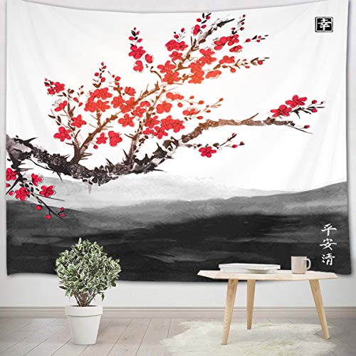 LB 235x180cm Wandteppich Rote Kirschblüte Wandtuch japanisch Wandbehang Schwarz Grau Weiß Tapisserie für Wohnzimmer Schlafzimmer Wohnheim Wanddeko von LB
