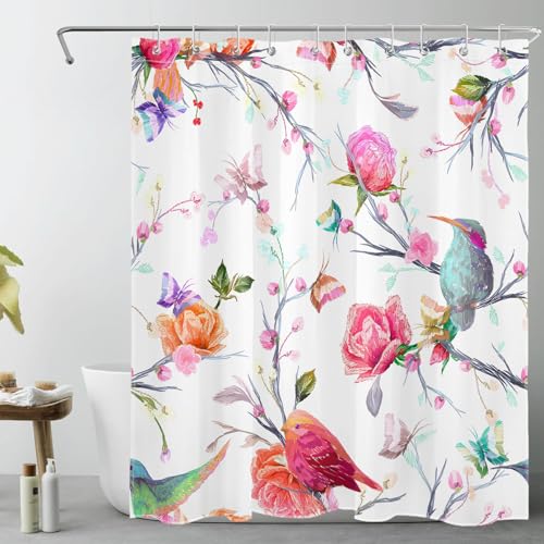 LB Ästhetisch geblümt Duschvorhang 120x175cm Vogel auf rosa Blumenbaum Antischimmel Wasserdicht Badezimmer Vorhänge, Frühlingslandschaft Weiß Extra Kurz Polyester Stoff Bad Vorhang mit Haken von LB