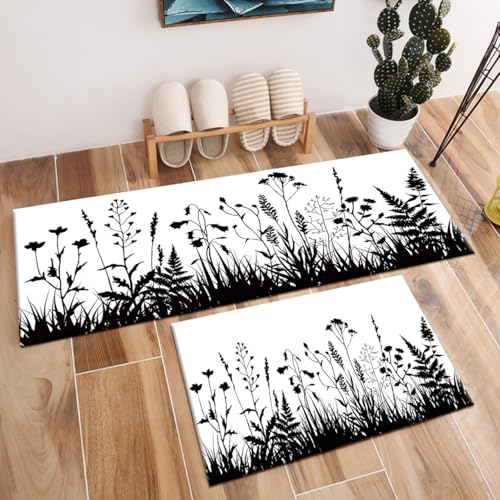 LB Ästhetische Blume Küchenmatte Schwarze und weiße Pflanze Waschbar rutschfest Teppiche in der Fläche Natur Teppich-Kufen-Set für Korridor,120x40cm+60x40cm von LB