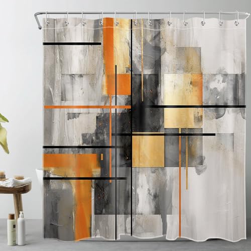 LB Abstrakt Geometrisch Duschvorhang 180x200cm(BxH) Orange und Grau Karo Antischimmel Wasserdicht Badezimmer Vorhänge,Schwarz gestreift Extra Lange Polyester Stoff Bad Vorhang mit Haken von LB