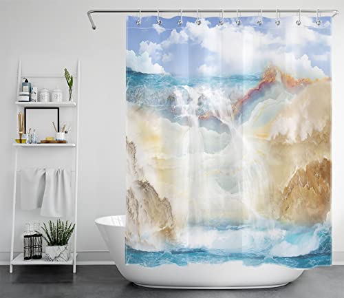 LB Abstrakter Marmor Duschvorhang 150x200cm Blaue Ozean weiße Wellen Küste Antischimmel Wasserdicht Badezimmer Vorhänge, Wasserfall Naturlandschaft Extra Lange Polyester Stoff Bad Vorhang mit Haken von LB