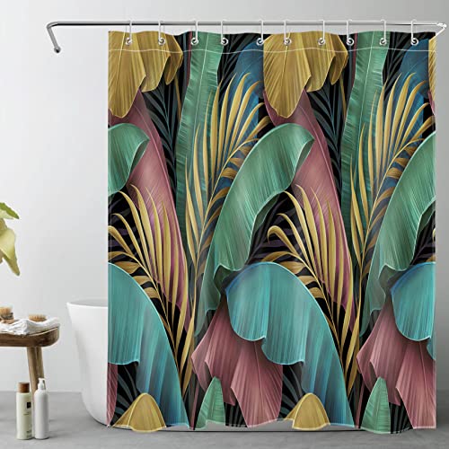 LB Bananenblatt Duschvorhang 180x180cm Tropische Palme Antischimmel Wasserdicht Badezimmer Vorhänge, Vintage Wald Polyester Stoff Bad Vorhang mit Haken von LB