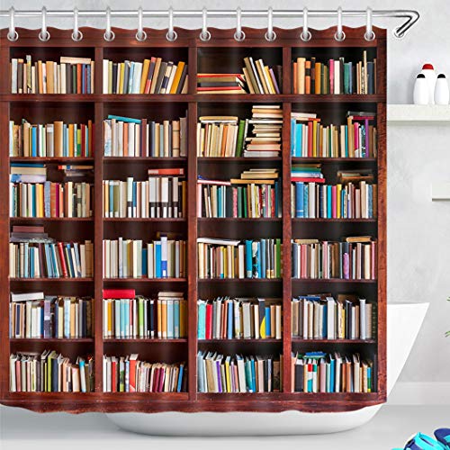 LB Bibliothek Bücherregal Duschvorhang 240X175cm Bücher im Bücherregal Bad Vorhänge Extra Breit Polyester Wasserdicht Anti Schimmel Badezimmer Deko Heimzubehör mit Vorhanghaken von LB