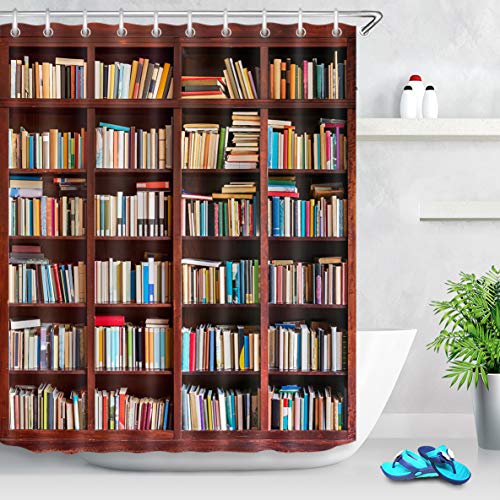 LB Bibliothek Bücherregal Duschvorhang Studie Bücherregal mit Bücher Curtians für Badezimmer Wohnaccessoires Set mit 12 Haken wasserdichte Anti-Schimmel Polyestergewebe 150x180CM von LB