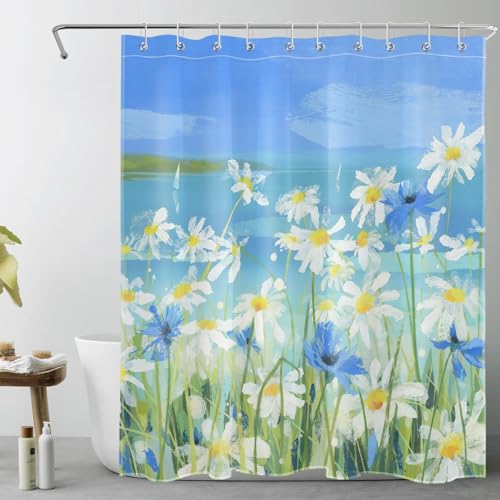 LB Blau und weiß geblümt Duschvorhang 120x175cm(BxH) Aquarell Gänseblümchen von Coastal Antischimmel Wasserdicht Badezimmer Vorhänge, Grüne Pflanze Extra Kurz Polyester Stoff Bad Vorhang mit Haken von LB