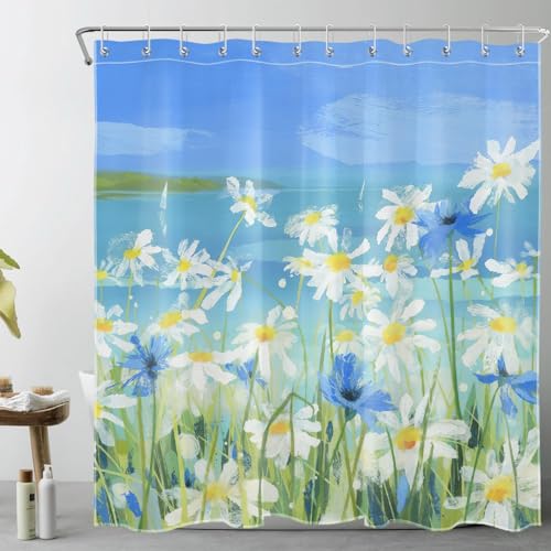 LB Blau und weiß geblümt Duschvorhang 180x200cm(BxH) Aquarell Gänseblümchen von Coastal Antischimmel Wasserdicht Badezimmer Vorhänge, Grüne Pflanze Extra Lange Polyester Stoff Bad Vorhang mit Haken von LB