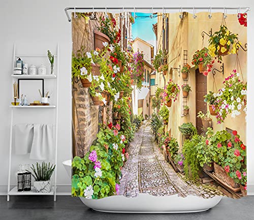 LB Blumen Straße Duschvorhang Antischimmel Wasserdicht Badezimmer Vorhänge Italien Stadt Pflanzen Landschaft 240x175cm Extra Breit Polyester Bad Vorhang mit Haken von LB