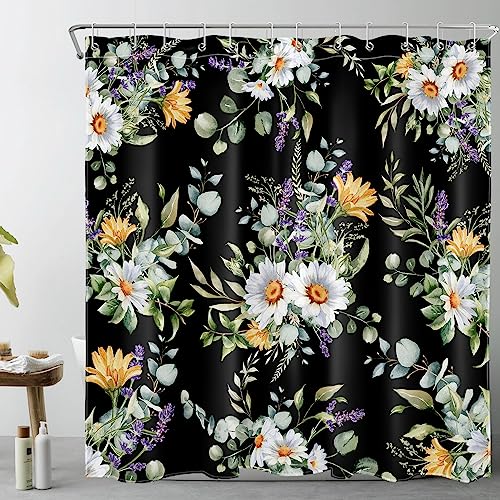 LB Böhmische Blumen Duschvorhang 240x175cm(BxH) Gelbe und Violette Blume Antischimmel Wasserdicht Badezimmer Vorhänge, Grüne Pflanze Schwarz Extra Breit Polyester Stoff Bad Vorhang mit Haken von LB
