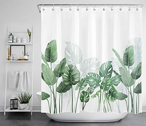 LB Botanische Pflanze Duschvorhang Antischimmel Wasserdicht Badezimmer Vorhänge Grünes Blatt 240x175cm Extra Breit Polyester Bad Vorhang mit Haken von LB