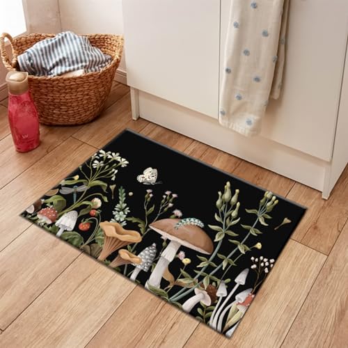 LB Brauner Pilz Küchenteppich Vintage-Blume mit grüner Pflanze auf schwarz Waschbar rutschfest Matte für Eingang zur Haustür Ästhetisch Gummirücken Fußmatten,80x50cm von LB