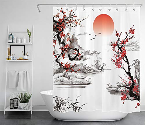 LB Chinesische Landschaft Duschvorhang 120x175cm Bergbaumfluss und rote Sonne Bad Vorhang mit Haken Polyester Wasserdicht Antischimmel Badezimmer Vorhänge von LB