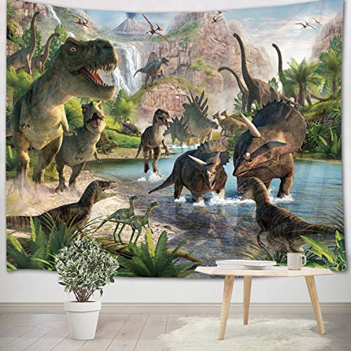 LB Dinosaurier Wandteppich Tiere Wandtuch Fluss Berge Wandbehang Grüner Wald Tapisserie für Wohnzimmer Schlafzimmer Wohnheim Wanddeko,150X100cm von LB