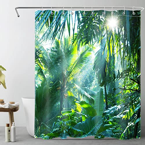 LB Duschvorhang Antischimmel Grün Blätter und Pflanzen im Wald Duschvorhang 150x200cm Wasserdicht Polyester Stoff Dschungel Lang Duschvorhang für Badewanne mit 10 Haken von LB
