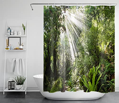 LB Duschvorhang Antischimmel Grün Duschvorhang Wald Wasserdicht Polyester Stoff Duschvorhang Tropisch Pflanzen und Baum im Dschungel Kurz Duschvorhang für Badewanne mit 10pcs Haken,150x180cm von LB