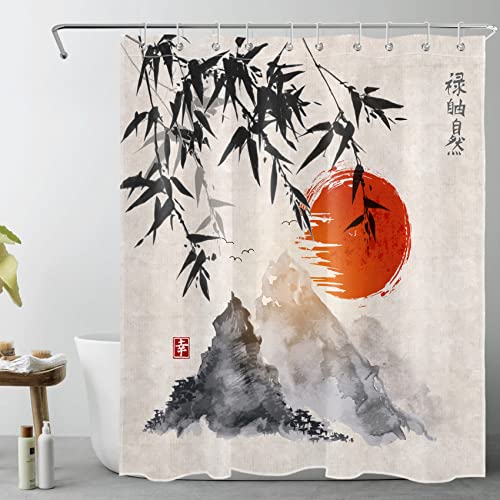 LB Duschvorhang Bambus Schwarz Duschvorhänge Rot Sonne Berge Japanisch Natur Bad Vorhänge Antischimmel Waschbar Wasserdicht Polyester Stoff Badezimmer Vorhang mit Haken,150X200CM von LB