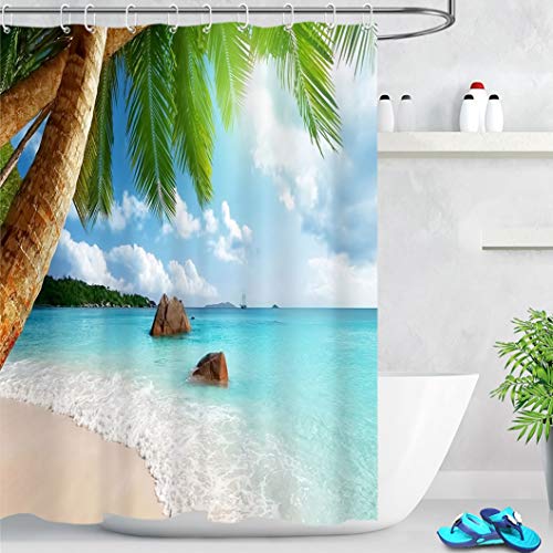 LB Duschvorhang Tropische Insel 180x200cm Ozean Palme Strand Bad Vorhang mit Haken Extra Lang Polyester Wasserdicht Antischimmel Badezimmer Vorhänge von LB