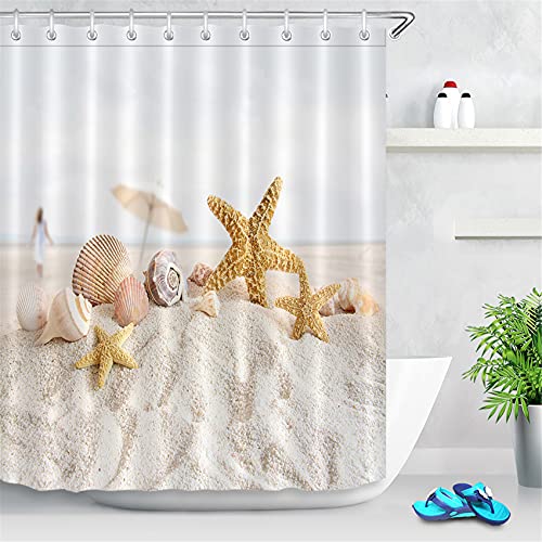 LB Duschvorhang Tropischer Strand 120x175cm Seestern und Muschel auf weißem Sand Bad Vorhang mit Haken Polyester Wasserdicht Antischimmel Badezimmer Vorhänge LB Duschvorhang Tropischer Strand 120x175cm Seestern und Muschel auf weißem Sand Bad Vorhang mit Haken Polyester Wasserdicht Antischimmel Badezimmer Vorhänge von LB