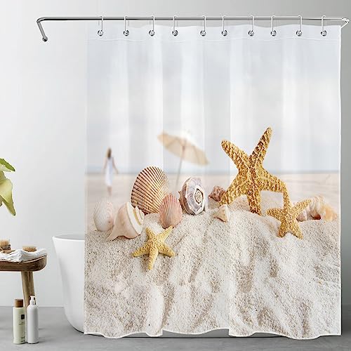 LB Duschvorhang Tropischer Strand 150x180cm Seestern und Muschel auf weißem Sand Bad Vorhang mit Haken Polyester Wasserdicht Antischimmel Badezimmer Vorhänge von LB