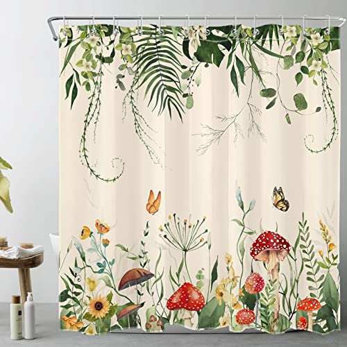 LB Duschvorhang mit rotem Pilz, Schmetterling, Gelb, Blumenmuster, ästhetische Pflanze, Duschvorhang-Set, Salbeigrün, Eukalyptusblatt, Beige, Duschvorhänge für Badezimmer, wasserdicht, waschbar, Stoff LB Duschvorhang mit rotem Pilz, Schmetterling, Gelb, Blumenmuster, ästhetische Pflanze, Duschvorhang-Set, Salbeigrün, Eukalyptusblatt, Beige, Duschvorhänge für Badezimmer, wasserdicht, waschbar, Stoff von LB