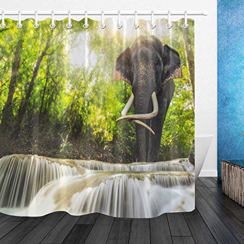 LB Elefant Duschvorhang 240X175cm Grüner Wald,wildes Tier,Wasserfall Bad Vorhänge Extra Breit Polyester Wasserdicht Anti Schimmel Badezimmer Deko Heimzubehör mit Vorhanghaken von LB