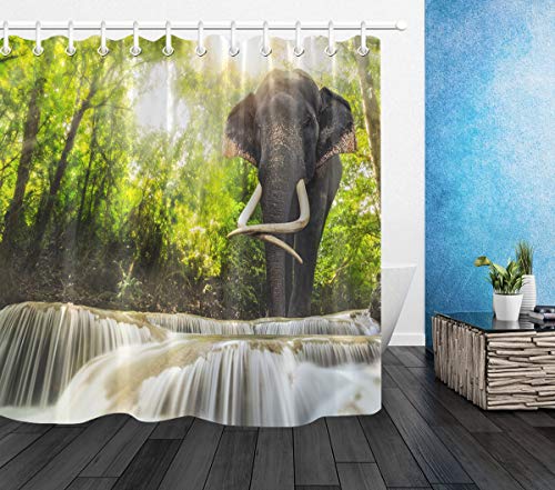 LB Elefant Duschvorhang Tier im grünen Wald am Wasserfall Gemustert Polyester Stoff Extra lang Badevorhänge Wasserdicht antischimmel Badezimmer Dekor Heimzubehör mit Vorhanghaken,150X180cm von LB