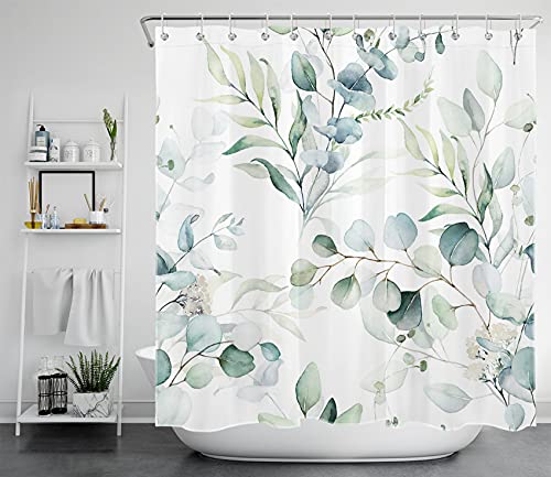 LB Eukalyptusblatt Duschvorhang Antischimmel Wasserdicht Badezimmer Vorhänge Grüne botanische Pflanze 240x175cm Extra Breit Polyester Bad Vorhang mit Haken von LB