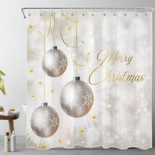 LB Frohe Weihnachten Duschvorhang 180x200cm(BxH) Silberne Weihnachtskugel Antischimmel Wasserdicht Badezimmer Vorhänge, Ausgefallene Schneeflocke Extra Lange Polyester Stoff Bad Vorhang mit Haken von LB