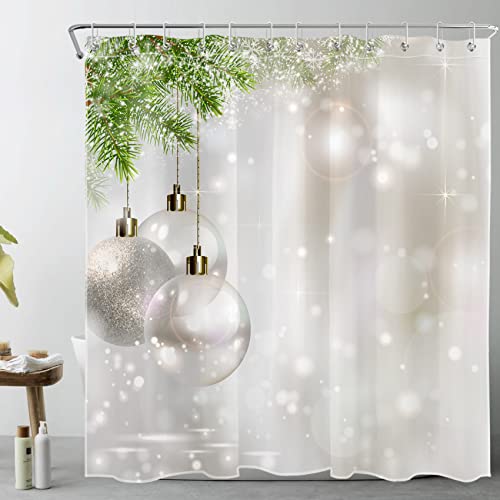 LB Frohe Weihnachten Duschvorhang 180x200cm Silberne Weihnachtskugel und grüne Kiefer Antischimmel Wasserdicht Badezimmer Vorhänge, The Dream Flash Extra Lange Polyester Stoff Bad Vorhang mit Haken von LB