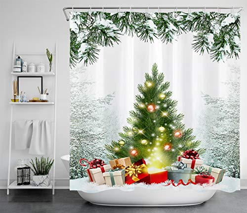 LB Frohe Weihnachten Duschvorhang 240x175 cm Grüner Weihnachtsbaum Antischimmel Wasserdicht Badezimmer Vorhänge, Winterschneewald Extra Breit Polyester Stoff Bad Vorhang mit Haken von LB