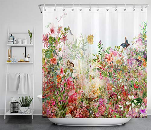 LB Frühlingsblumen Duschvorhang Antischimmel Wasserdicht Badezimmer Vorhänge Pflanzen und Blüten 240x175cm Extra Breit Polyester Bad Vorhang mit Haken von LB