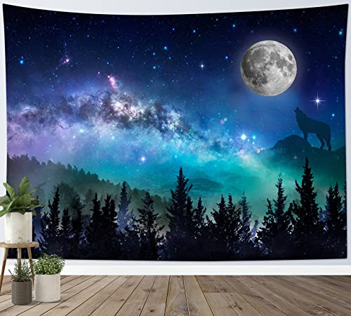 LB Galaxis Wandteppich Voll Mond Wandtuch Wolf auf dem Berg Wandbehang Schwarzer Baum im Wald Tapisserie für Wohnzimmer Schlafzimmer Wohnheim Wanddeko,200x150cm von LB