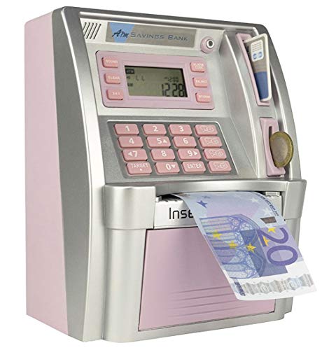 LB Geldbank Geldautomat für Kinder Sparbank Elektronischer digitaler Geldautomat Spardose für Münzen und Scheine,Mini Sparschwein,Rosa(Euro Version) von LB