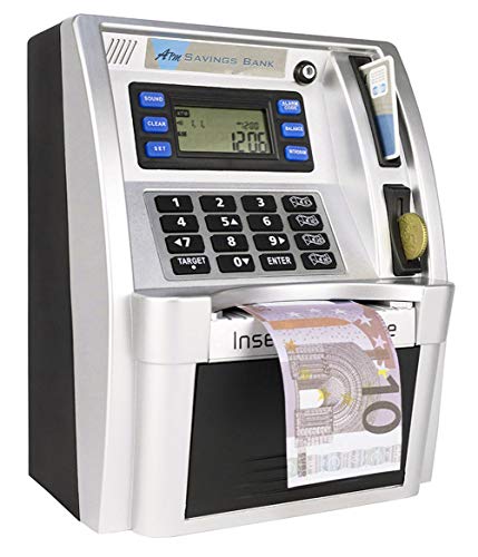 LB Geldbank Geldautomat für Kinder Sparbank Elektronischer digitaler Geldautomat Spardose für Münzen und Scheine,Mini Sparschwein,Schwarz/Silber(Euro Version) von LB