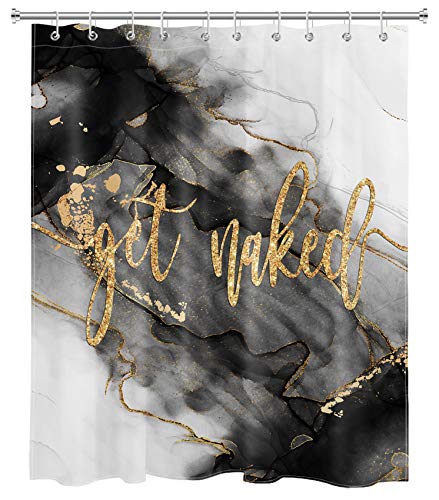 LB Get Naked Marmor-Duschvorhang, schwarz und goldfarben, Marmortextur, Duschvorhänge für Badezimmer, 150 x 177 cm, wasserdichtes Stoff-Vorhang-Set mit Haken von LB