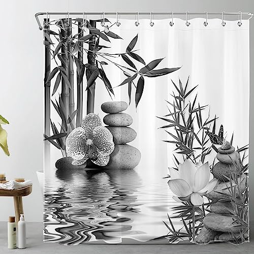 LB Graues Zen Spa Duschvorhang 180x200cm(BxH) Steine von Bambus Wald Antischimmel Wasserdicht Badezimmer Vorhänge, Orchidee Seerose Blume Extra Lange Polyester Stoff Bad Vorhang mit Haken von LB