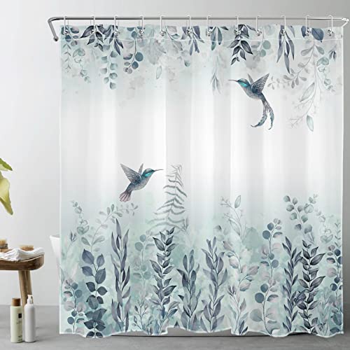 LB Grün Pflanzen Duschvorhang 240x175cm Aquarell Vogel und Blatt Antischimmel Wasserdicht Badezimmer Vorhänge, Natur Landschaft Extra Breit Polyester Stoff Bad Vorhang mit Haken von LB