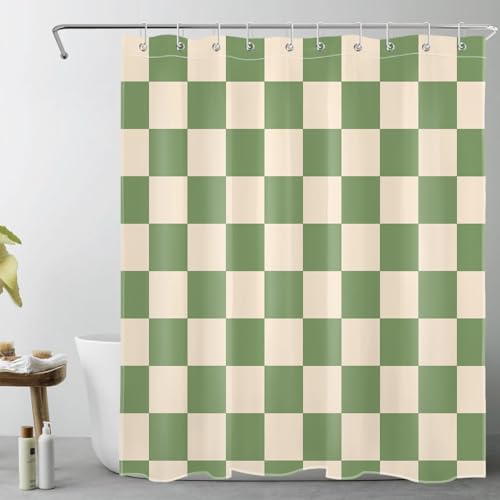 LB Grün und Beige kariert Duschvorhang 150x200cm(BxH) Einfach geometrisch Antischimmel Wasserdicht Badezimmer Vorhänge,Modernes Kariertes Kunstdekor Extra Lange Polyester Stoff Bad Vorhang mit Haken von LB