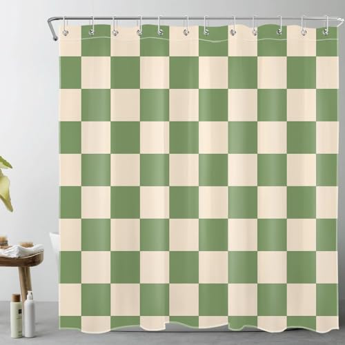 LB Grün und Beige kariert Duschvorhang 180x180cm Einfach geometrisch Antischimmel Wasserdicht Badezimmer Vorhänge,Modernes Kariertes Kunstdekor Polyester Stoff Bad Vorhang mit Haken von LB