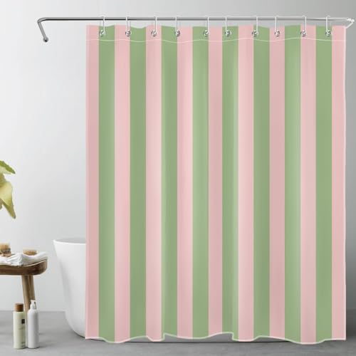 LB Grün und Rosa gestreift Duschvorhang 120x175cm(BxH) Abstrakte Geometrie Antischimmel Wasserdicht Badezimmer Vorhänge, Moderne Kunst Extra Kurz Polyester Stoff Bad Vorhang mit Haken von LB