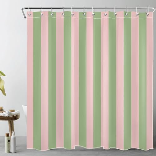 LB Grün und Rosa gestreift Duschvorhang 180x200cm(BxH) Abstrakte Geometrie Antischimmel Wasserdicht Badezimmer Vorhänge, Moderne Kunst Extra Lange Polyester Stoff Bad Vorhang mit Haken von LB