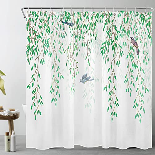 LB Grüne Blätter Duschvorhang 240x175cm Vogel am Baum Antischimmel Wasserdicht Badezimmer Vorhänge, Frühlingslandschaft Weiß Extra Breit Polyester Stoff Bad Vorhang mit Haken von LB