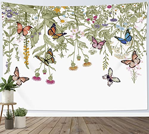 LB Grüne Pflanzen Wandteppich Blumen und Schmetterling Wandtuch Frühlings Landschaft Wandbehang Weiß Tapisserie für Wohnzimmer Schlafzimmer Wohnheim Wanddeko,200x150cm von LB