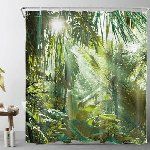 LB Grüner Wald Duschvorhang 180x200cm(BxH) Tropische Palme im Dschungel Antischimmel Wasserdicht Badezimmer Vorhänge, Naturlandschaft Extra Lange Polyester Stoff Bad Vorhang mit Haken von LB