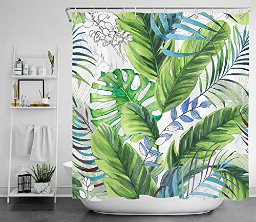 LB Grünes Bananenblatt Duschvorhang Antischimmel Wasserdicht Badezimmer Vorhänge Aquarell Tropische Pflanzen 180x180cm Polyester Bad Vorhang mit Haken von LB