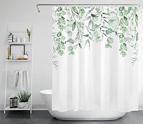 LB Grünes Blatt Duschvorhang 150x200cm Botanische Pflanze Antischimmel Wasserdicht Badezimmer Vorhänge, Aquarell Eukalyptus Extra Lange Polyester Stoff Bad Vorhang mit Haken von LB