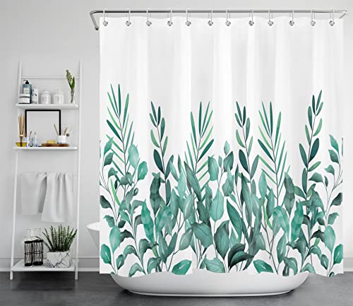 LB Grünes Blatt Duschvorhang 240x175cm Botanische Pflanzen Antischimmel Wasserdicht Badezimmer Vorhänge, Natur Landschaft Weiß Extra Breit Polyester Stoff Bad Vorhang mit Haken von LB