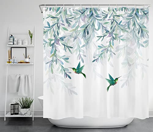 LB Grünes Blatt Duschvorhang 240x175cm Netter Kolibri Antischimmel Wasserdicht Badezimmer Vorhänge, Aquarell Eukalyptusbaum Extra Breit Polyester Stoff Bad Vorhang mit Haken von LB