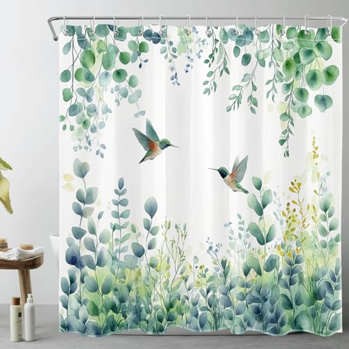 LB Grünes Blatt Duschvorhang 240x175cm Vogel in botanischen Pflanzen Antischimmel Wasserdicht Badezimmer Vorhänge,Eukalyptusblätter Extra Breit Polyester Stoff Bad Vorhang mit Haken von LB