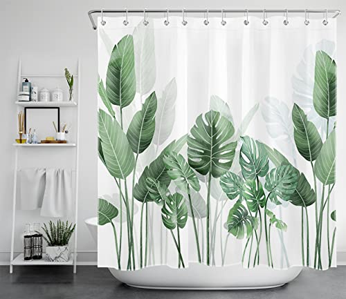 LB Grünes Palmblatt Duschvorhang 180x200cm Botanische Pflanze Antischimmel Wasserdicht Badezimmer Vorhänge, Frühlings Weiß Extra Lange Polyester Stoff Bad Vorhang mit Haken von LB